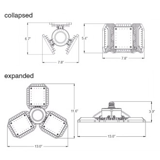 100-Watt LED Foldable Garage Shop Ceiling Light with 3 Adjustable Panels and E26/E37 Base, ETL-Listed, Daylight 5000K