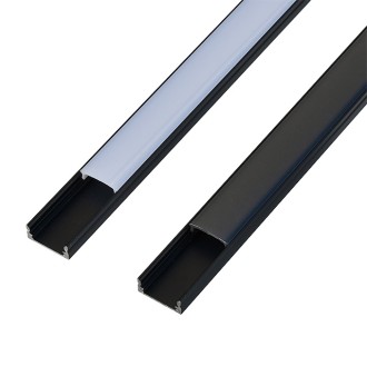 Black Anodized Aluminum Channel System with Dark and Milky Covers, End Caps, and Mounting Clips for LED Strip Installations, U-Shape