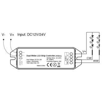 RF 433MHz 2-Channel Color Temperature Adjustable Controller with Remote for CCT LED Strips