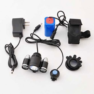 High Power 3-LED Bike Light with Push Button Switch, Battery Pack, & Charger